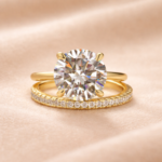 Moissanite 4.0Ct Solitaire Round Cut Yellow Gold Engagement Ring with Eternity Thin Wedding Band - Image 4