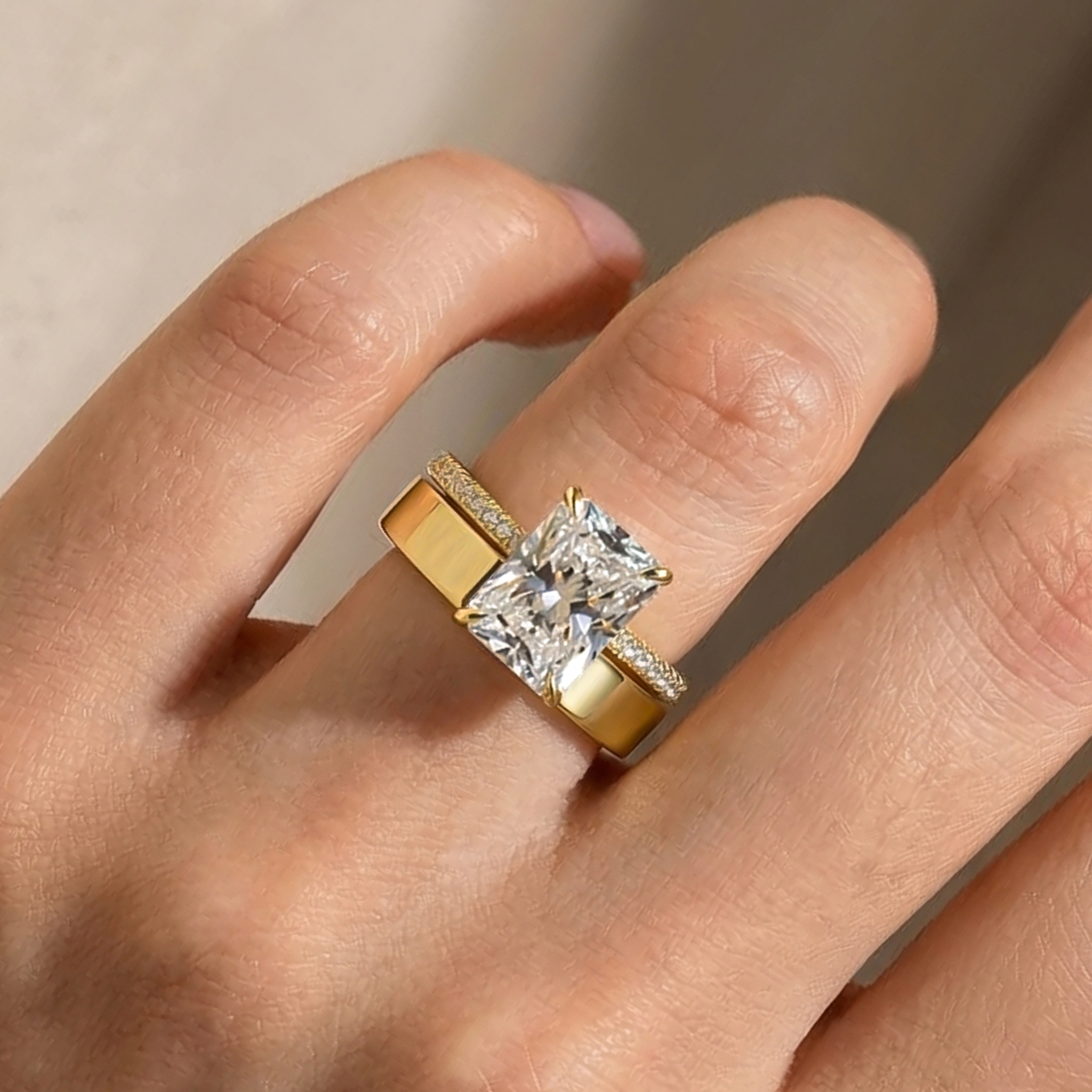 03-1 S925 Maxine Classic Moissanite 3.5 Ct Radiant Cut Yellow Gold Wedding Ring Set with Wide Wedding Band - Image 1
