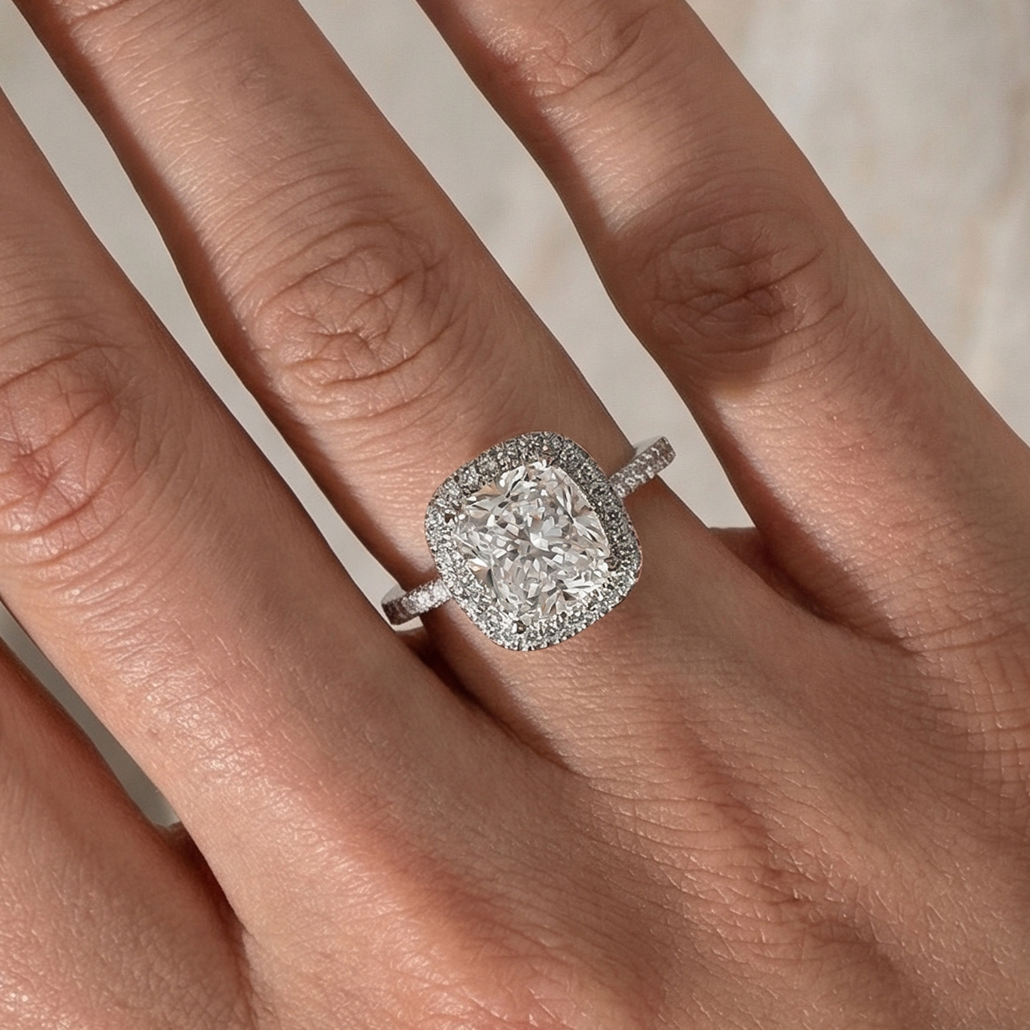03-6 S925 Elegant Halo Cushion Cut Engagement Ring In Sterling Silver - Image 1