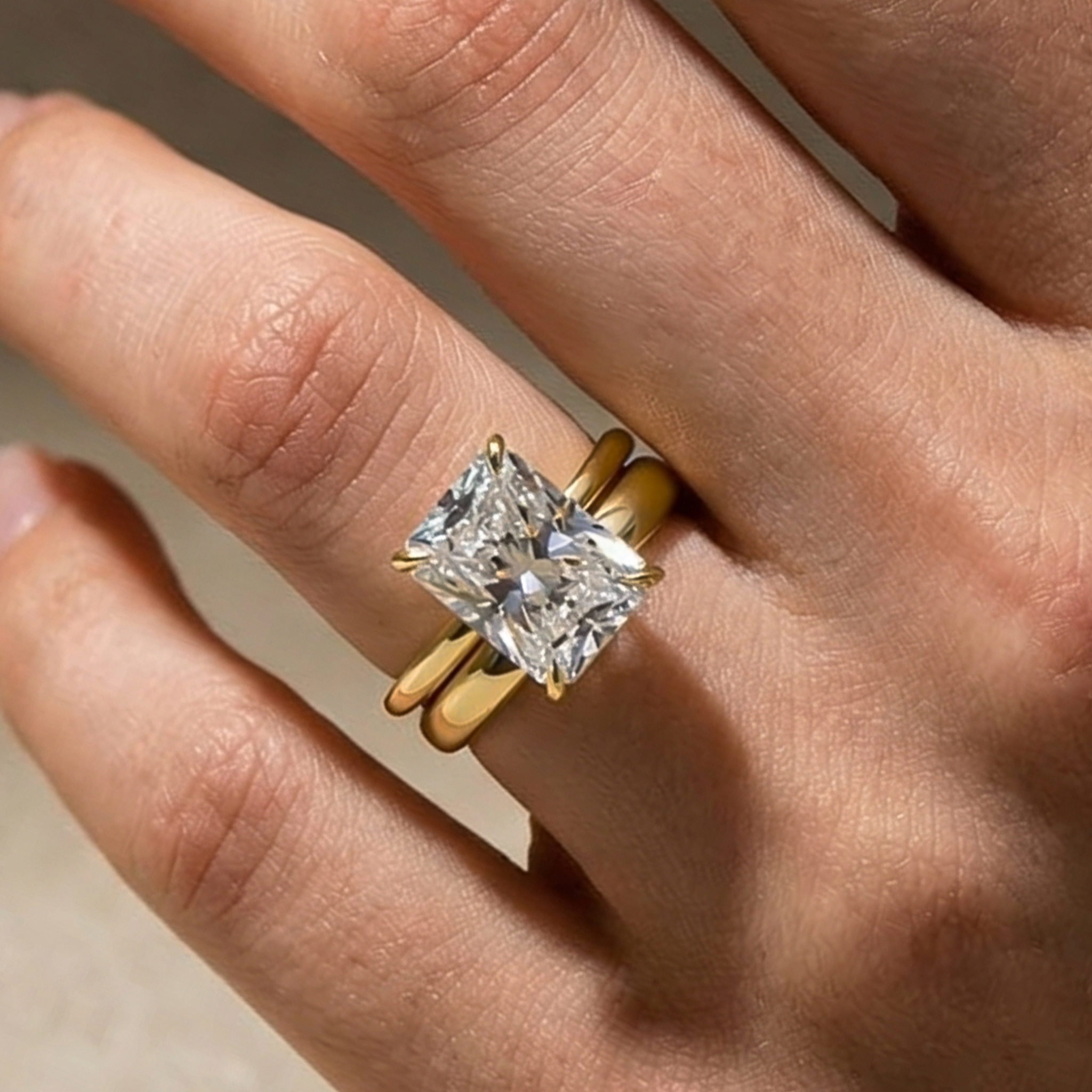 03 S925 Maxine Moissanite 4.5 Ct Radiant Cut Yellow Gold Wedding Ring Set with Wide Band - Image 1