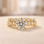 Moissanite 2.0Ct Side Stone Round Cut Yellow Gold Engagement Ring with 1.5Ct Round Cut Wedding Band - Image 4