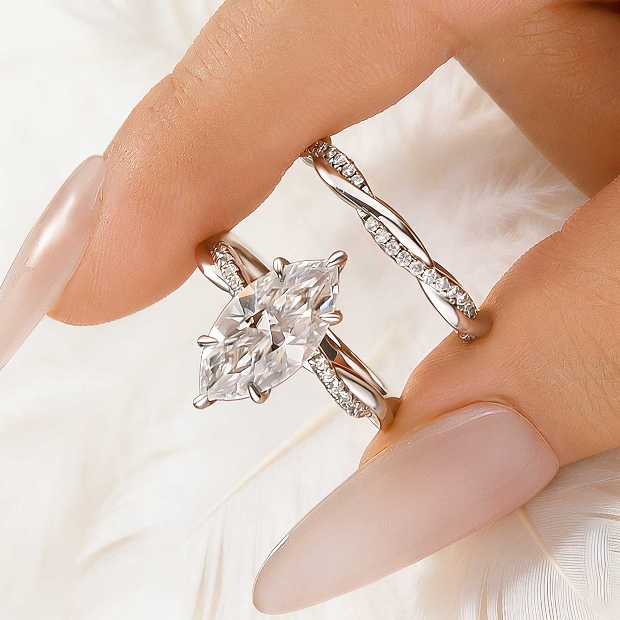1-290 S925 Moissanite 3.0Ct Twist Marquise Cut White Gold Wedding Ring Set - Image 1