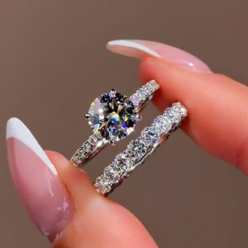 1-368 S925 Moissanite 2.0 Ct Round Cut White Gold Engagement Ring with Low Dome Basket Eternity Ring - Image 1