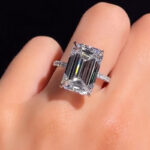 S925 10Ct Emerald Cut Engagement Ring With Hidden Halo In Sterling Silver
