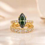 S925 Green Moissanite 3.0 Ct Marquise Cut Side Stone Engagement Ring with 2.5 Ct Round Cut Full Wedding Band - Image 4