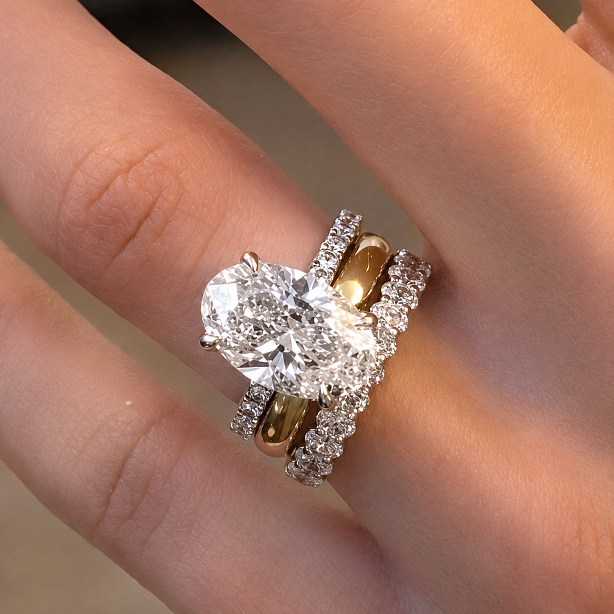 178065316362126800449 S925 5.0Ct Oval Cut Hidden Halo Engagement Ring in Sterling Silver with Eternity 3.0Ct Oval Cut & Classic 18K Yellow Gold Open Wedding Band - Image 1