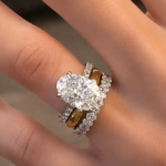 S925 5.0Ct Oval Cut Hidden Halo Engagement Ring in Sterling Silver with  Eternity 3.0Ct Oval Cut & Classic 18K Yellow Gold Open Wedding Band - Image 2