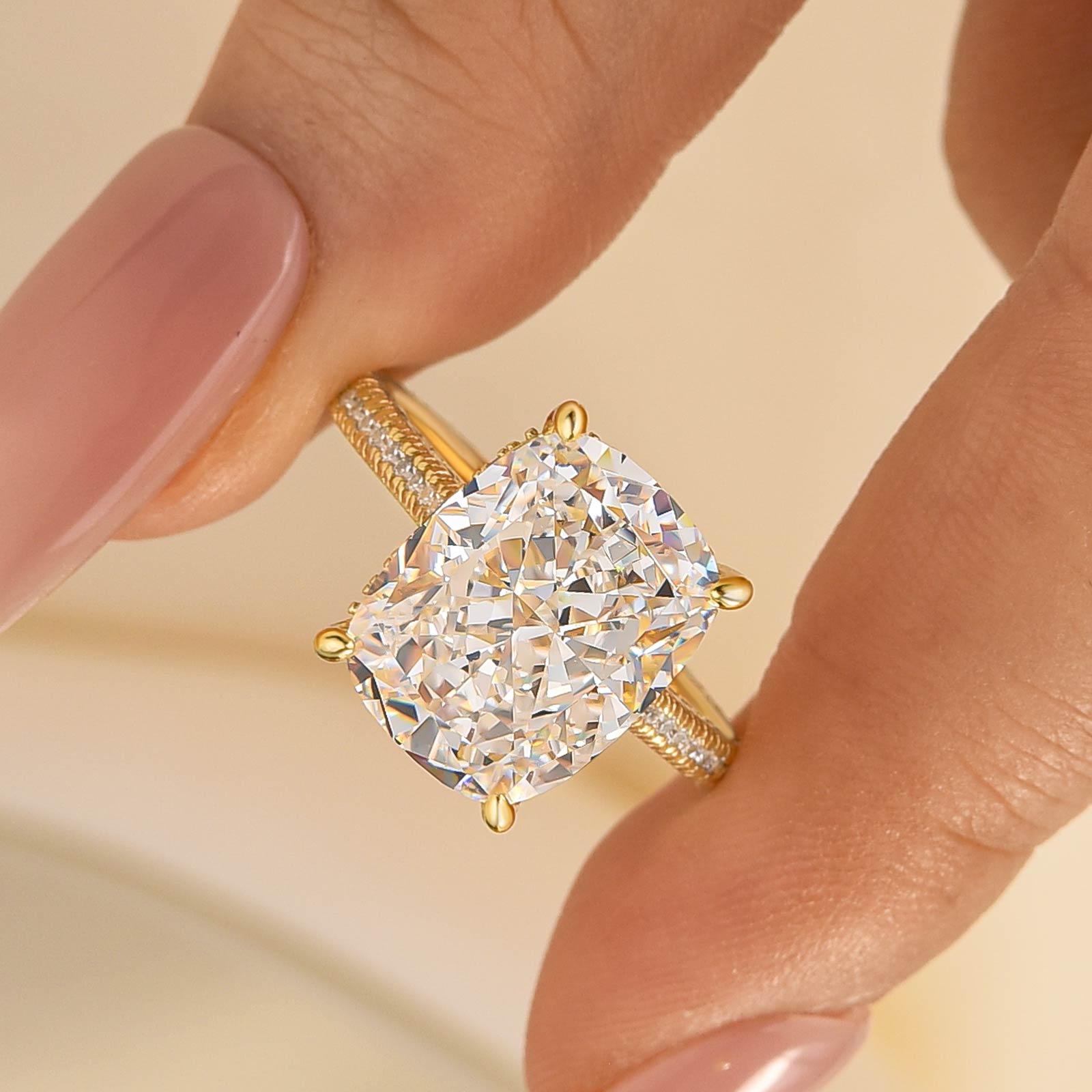 2-137 S925 Stunning Yellow Gold Cushion Cut Simulated Diamond Engagement Ring In Sterling Silver - Image 1