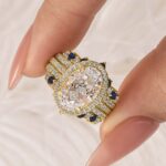 S925 Enhancer Wedding Set 4.0Ct Halo Oval Cut Engagement Ring with Blue & White Stone Wedding Band - Image 6