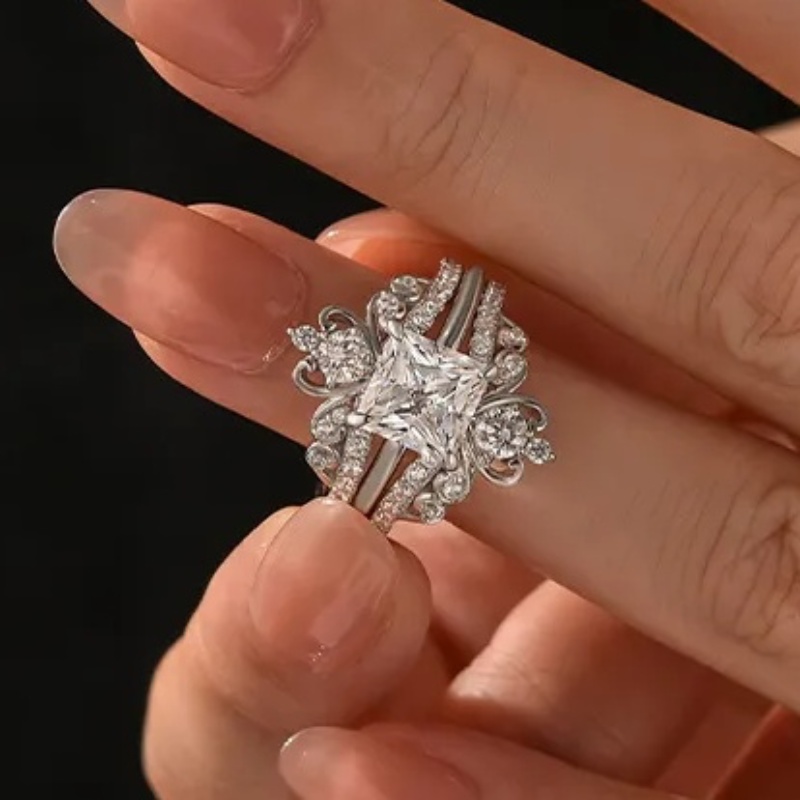 2-MQ481C-0 S925 Moissanite 2.0 Ct Princess Cut Solitaire White Gold Engagement Ring with Enhancer Ring - Image 1