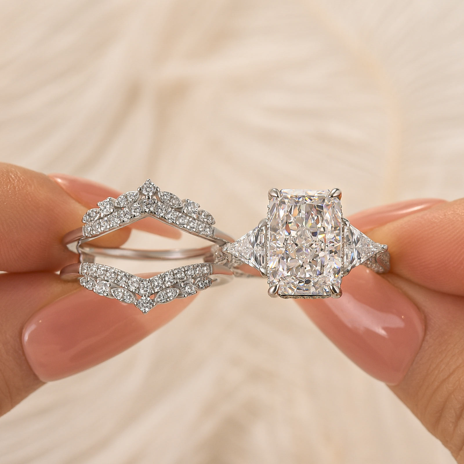 2-wmIj8g S925 Enhancer Wedding Ring Set 5.0Ct Radiant Cut White Gold Side Stone Engagement Rings with Enhancer Wedding Band - Image 1