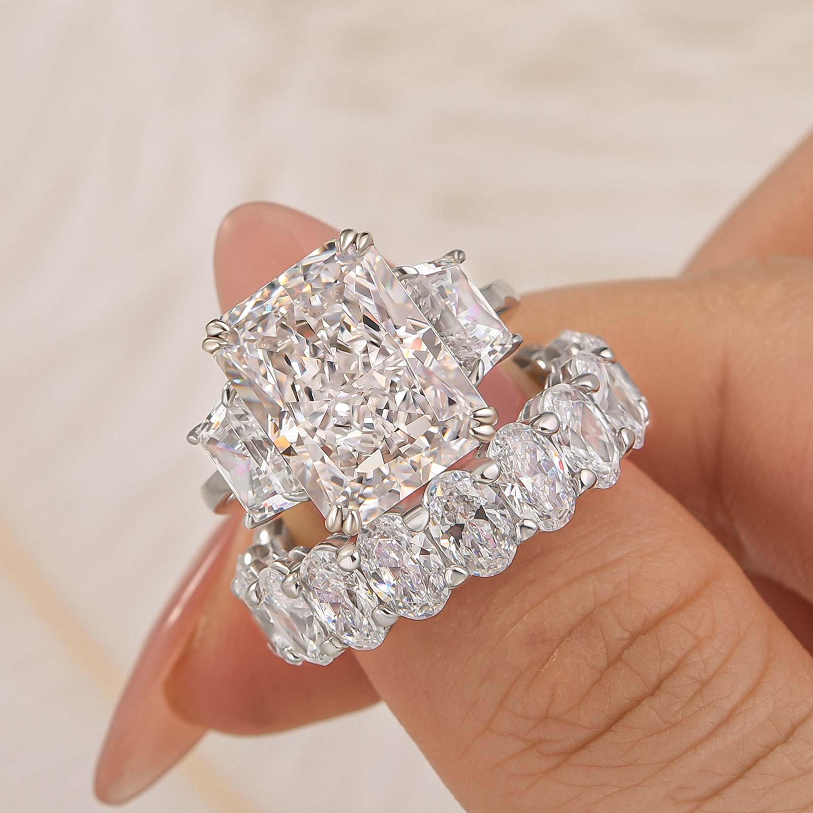 3-133 S925 Luxurious 9.0Ct Three Stone Radiant Cut Wedding Set In Sterling Silver - Image 1