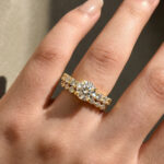 Moissanite 2.0Ct Side Stone Round Cut Yellow Gold Engagement Ring with 1.5Ct Round Cut Wedding Band