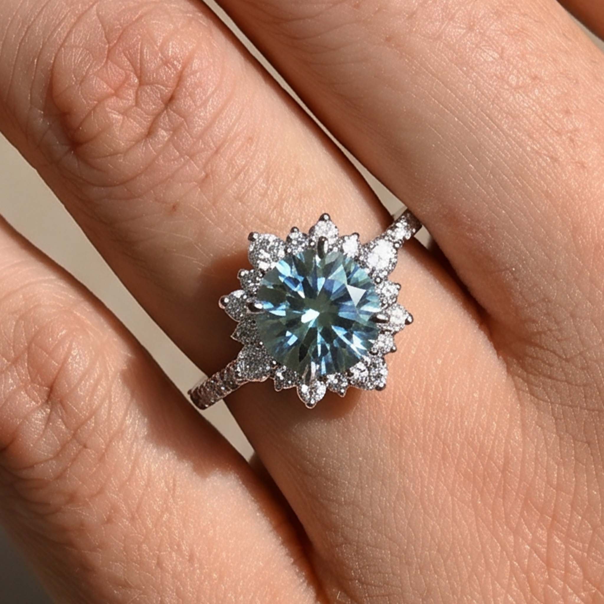 3-262 S925 Cyan Blue Moissanite Snowflake Design 2.0 Carat Halo Round Cut Engagement Ring - Image 1