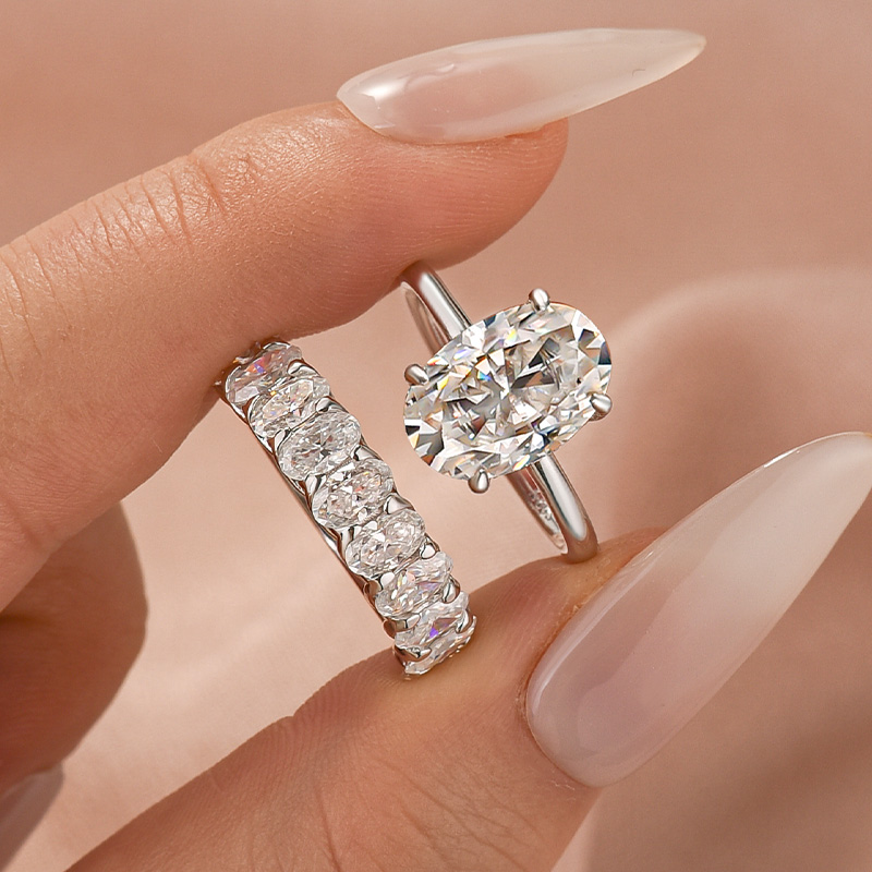 3-Se27Qv S925 Moissanite 4.0Ct Solitaire Oval Cut Engagement Ring with Half Oval Cut Wedding Band - Image 1
