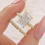 S925 2PC 5.0Ct Side Stone Radiant Cut Yellow Gold Engagement Ring with Round Cut Wedding Band
