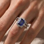 S925 3.0Ct Halo Emerald Cut Blue Sapphire Engagement Ring in Sterling Silver with Classic Full Round Cut Wedding Band