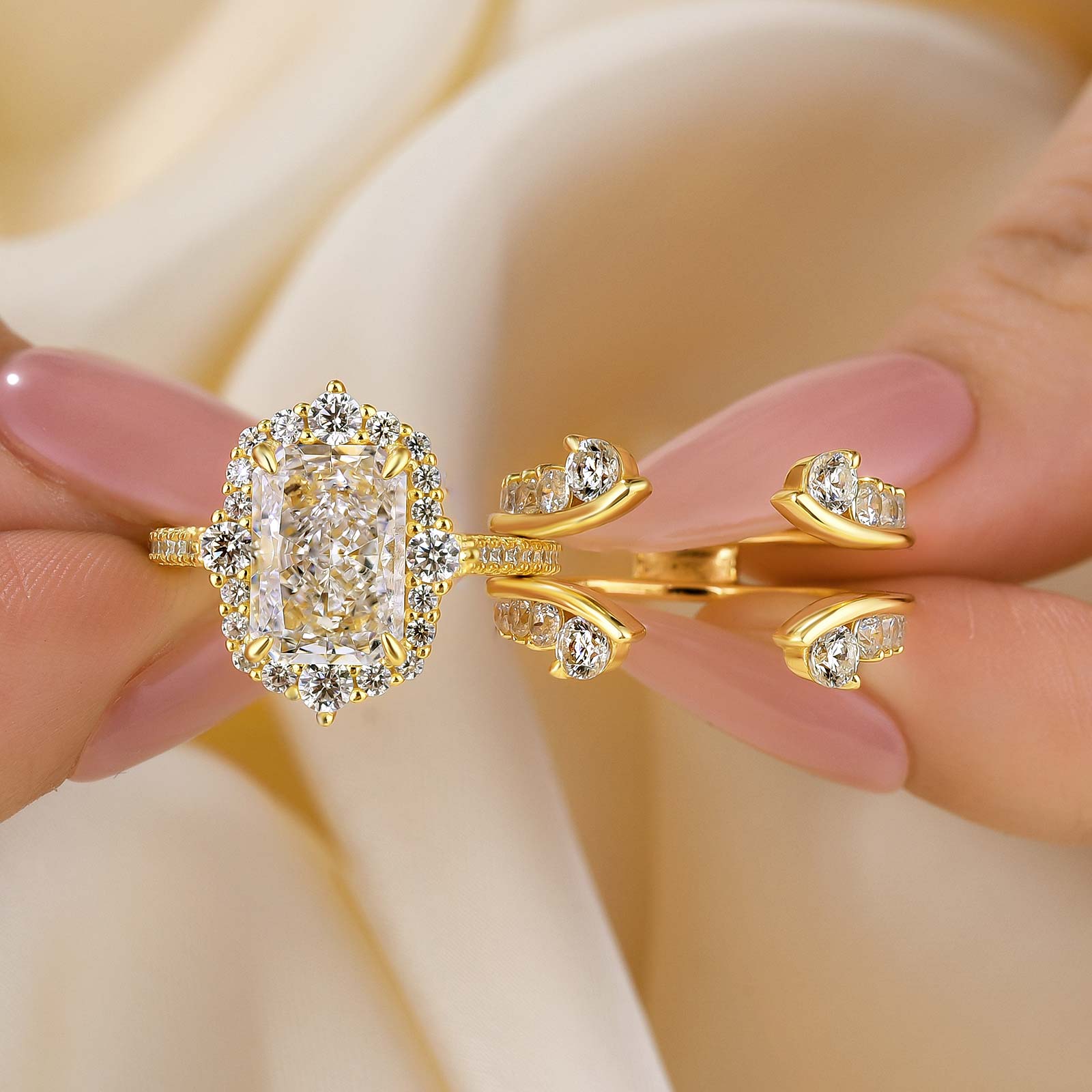 345 S925 Vintage 3.5Ct Halo Radian Cut Insert Wedding Ring With Engagement Ring Enhancer - Image 1