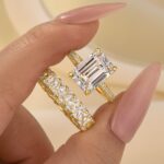 S925   2PC 4.5Ct Emerald Cut Yellow Gold Wedding Ring Set In Sterling Silver