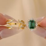 S925 Enhancer 3.0Ct Yellow Gold Halo Red/Green Wedding Ring Set with Jacket Wedding Band
