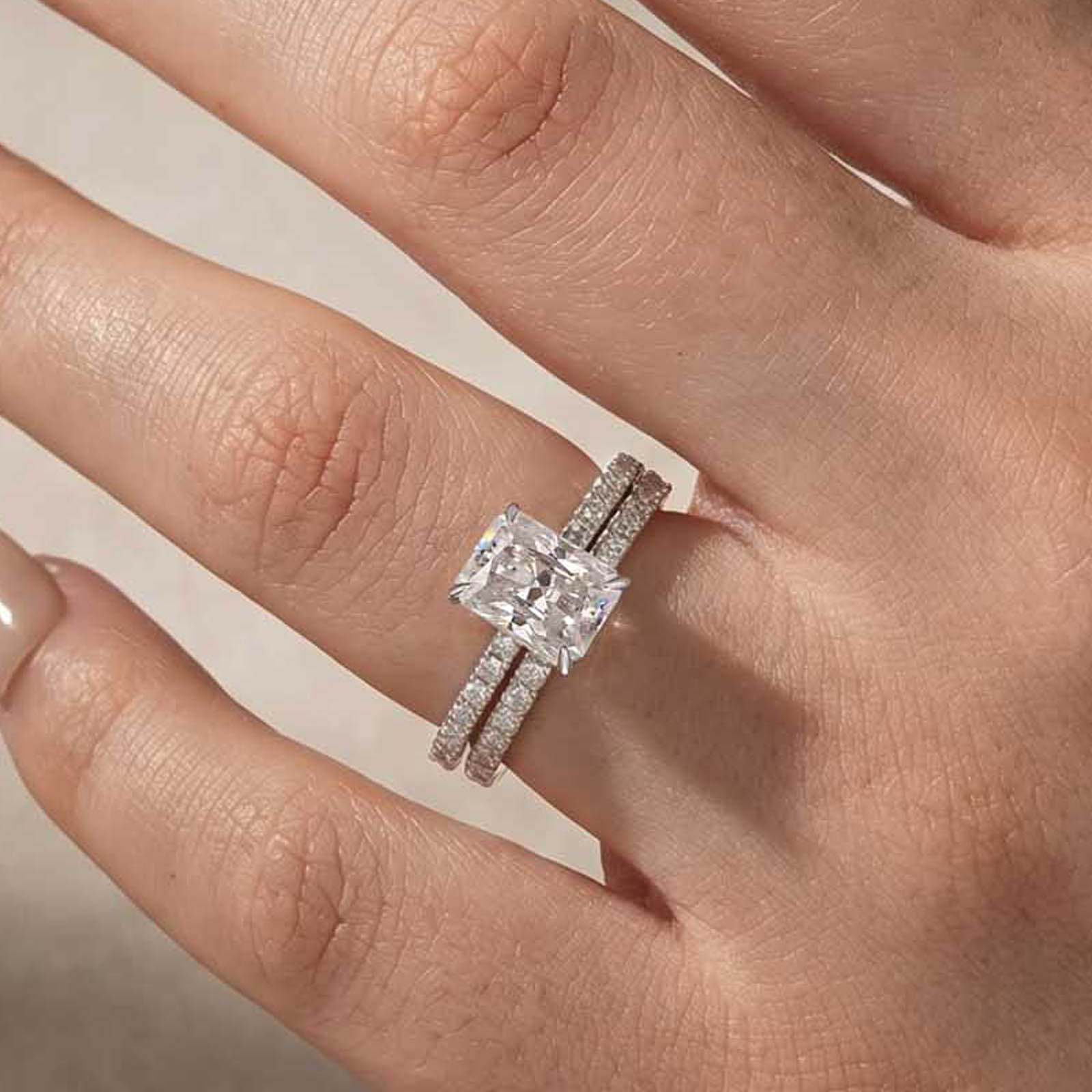 5-100 S925 2.0Ct Radiant Cut Moissanite Engagement Ring Set in Sterling Silver With Pave Wedding Band - Image 1