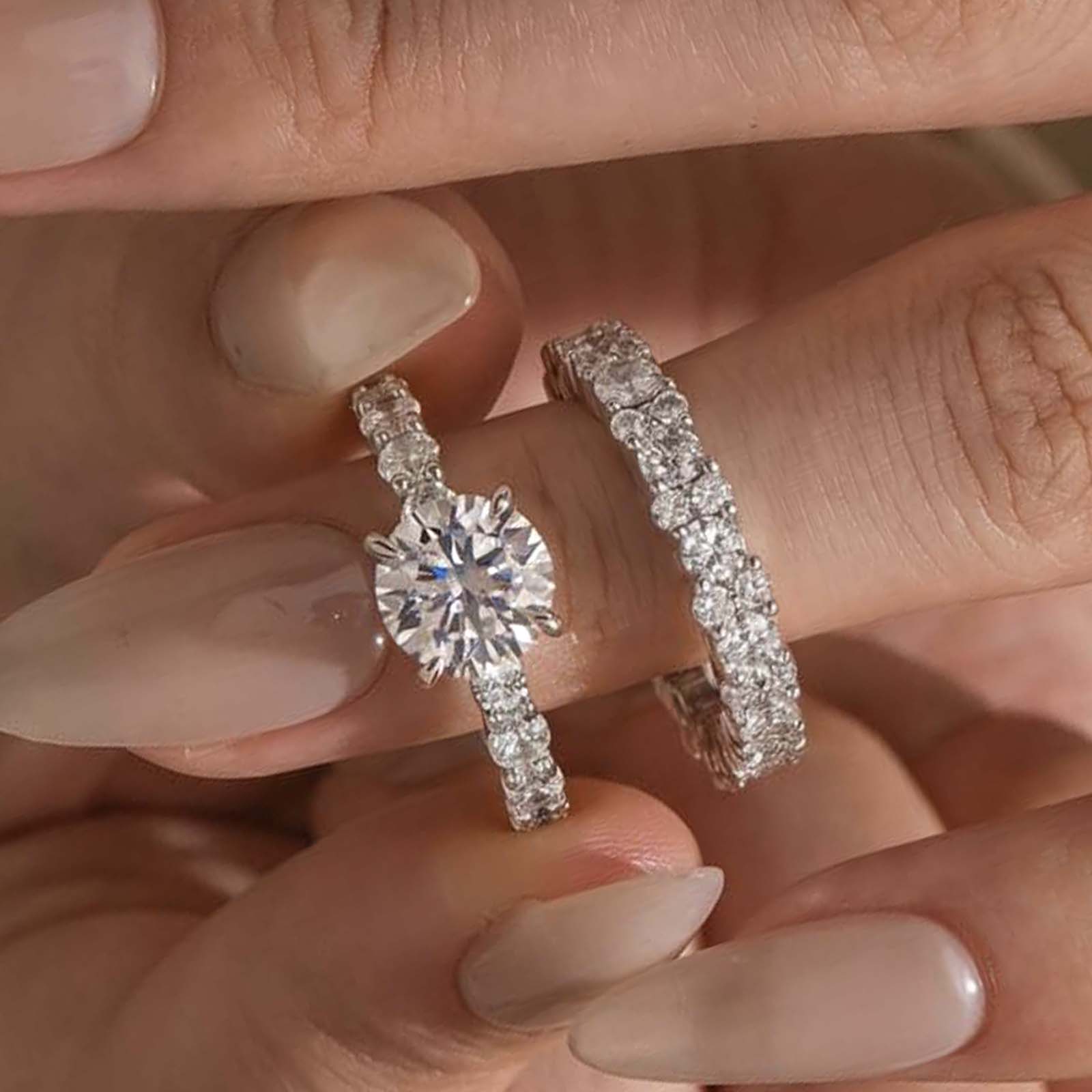 5-121 S925 Moissanite 2.0Ct Round Cut 2PC Brival Ring Set Solitaire Promise Ring & Pavé Eternity Band - Image 1