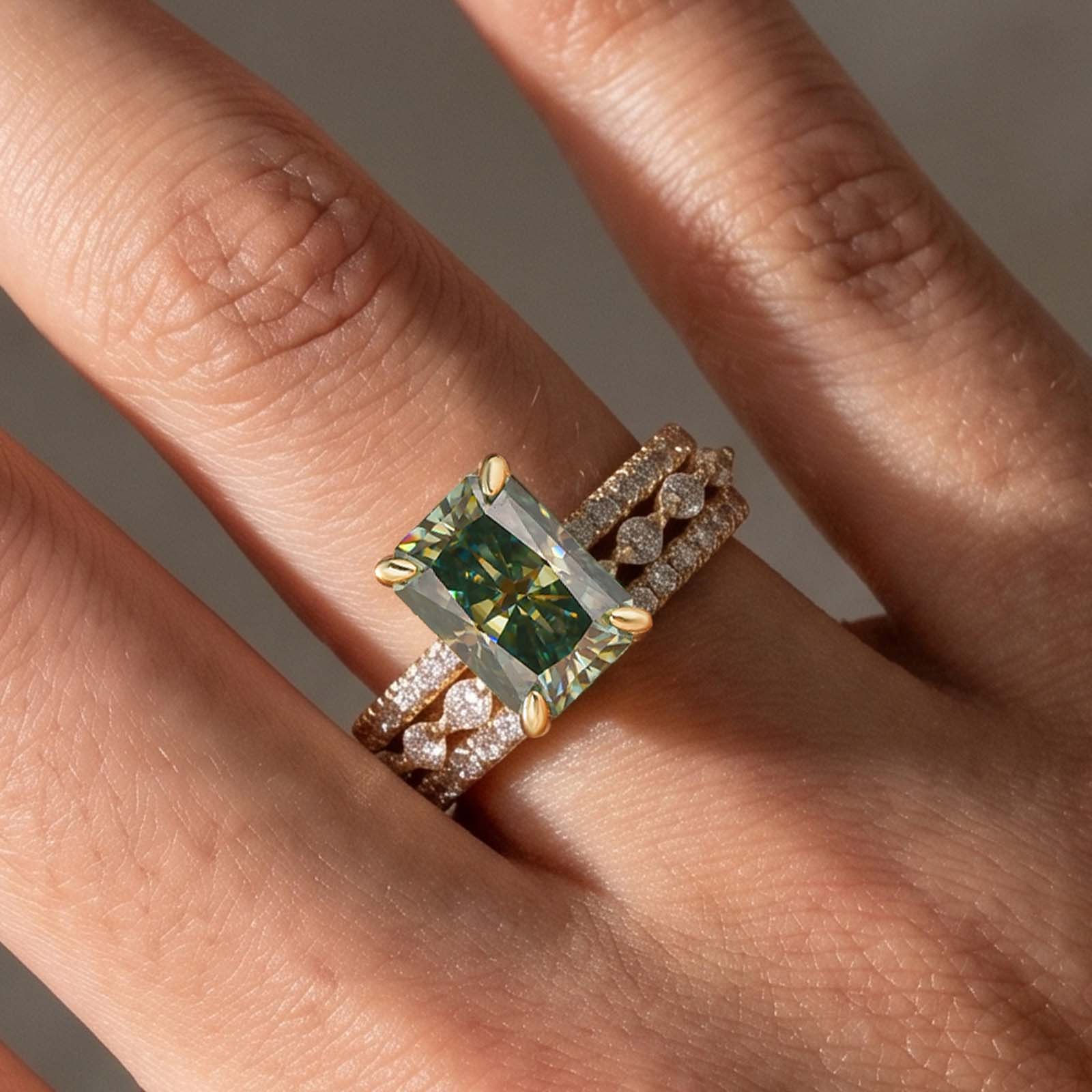 5-130 S925 Moissanite 3.5CT Radiant Cut Green Engagement Ring with Round & Marquise Accents Bands - Image 1