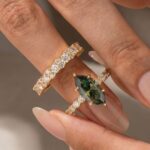 S925 Green Moissanite 3.0 Ct Marquise Cut Side Stone Engagement Ring with 2.5 Ct Round Cut Full Wedding Band