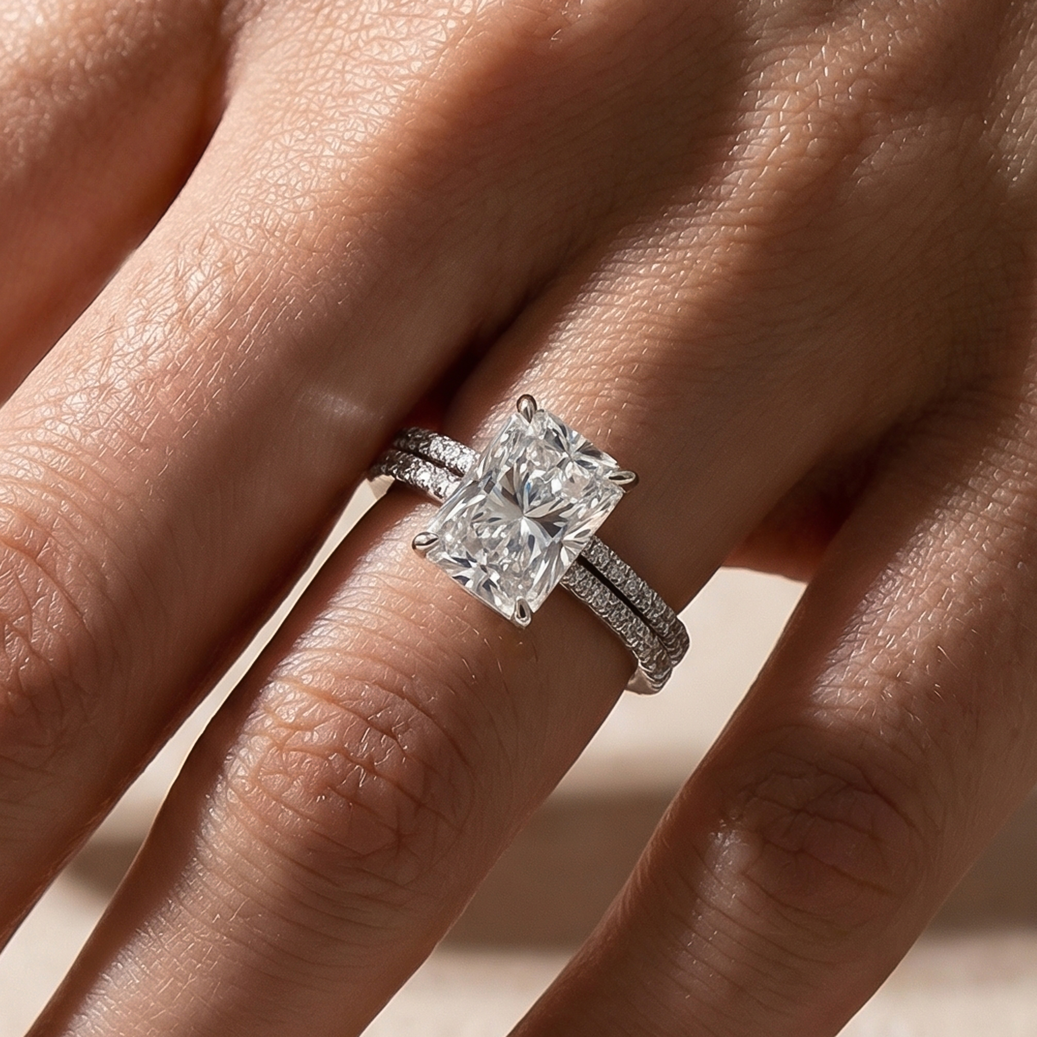 BS001PMSS-1 S925 Maxine Moissanite 3.5CT Radiant Cut Wedding Ring Set In Sterling Silver - Image 1