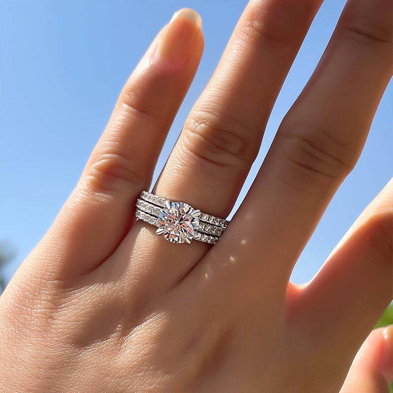 BS002PMSS-2 S925 Maxine Moissanite 2.0 Carat Round Cut 3PC Wedding Ring Set In Sterling Silver - Image 1