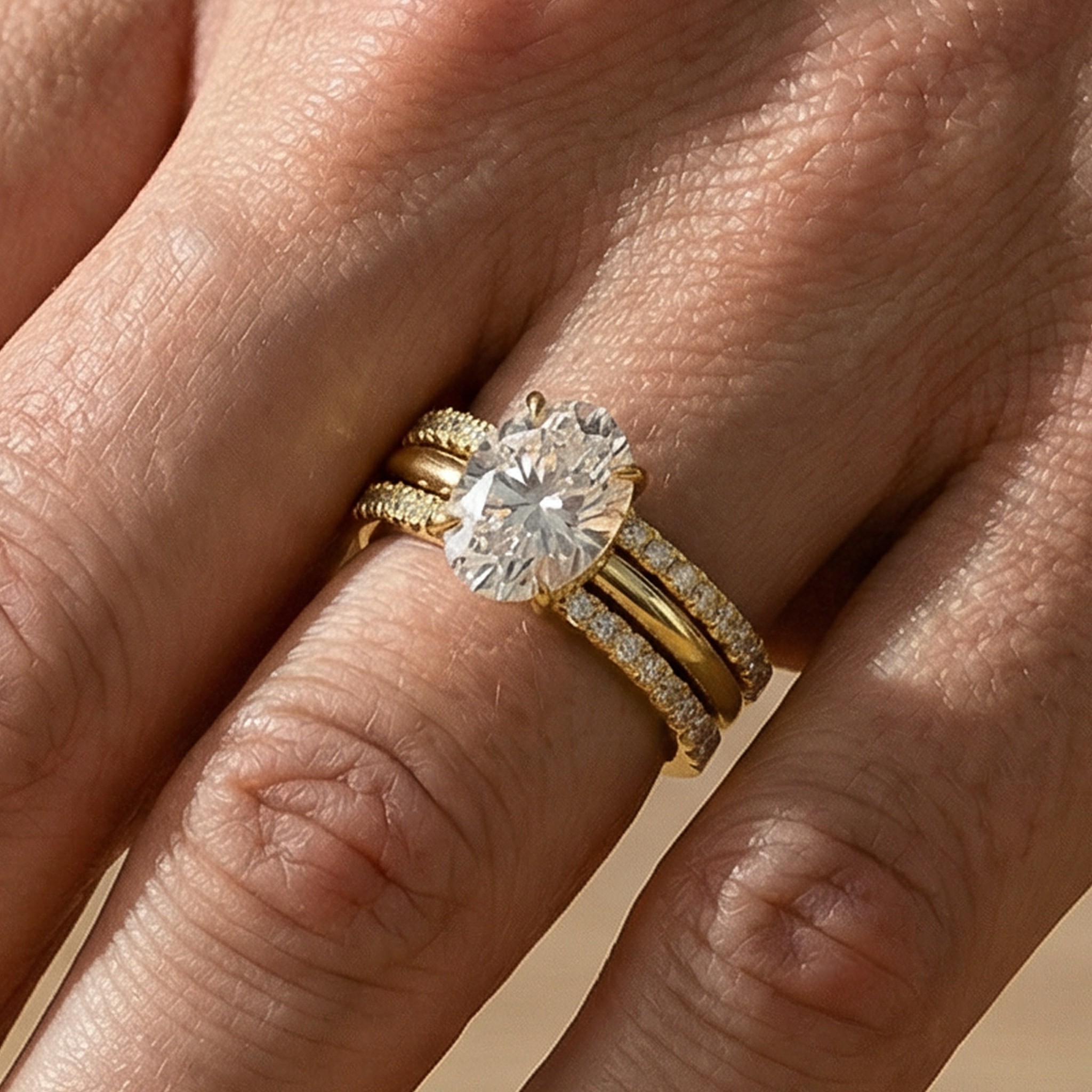 BS017YMSS-5 S925 Moissanite Solitaire 2.0 Ct Oval Cut Yellow Gold Wedding Ring Set - Image 1