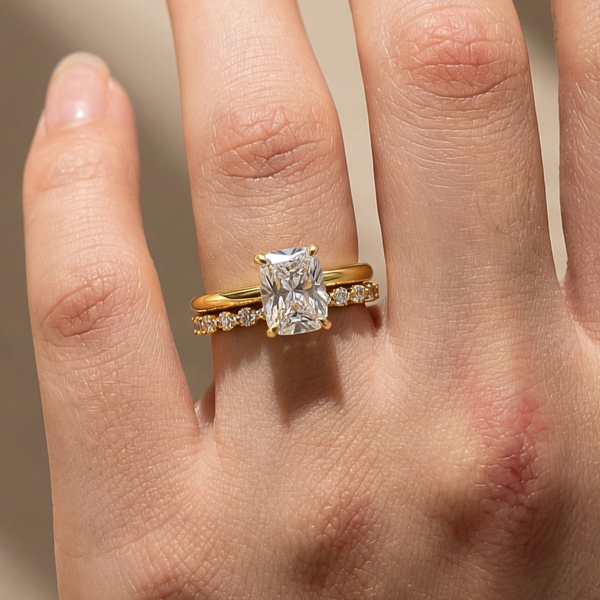 BS023YMSS-2 S925 Moissanite 4.0 Ct Solitaire Cushion Cut Yellow Gold Wedding Set - Image 1