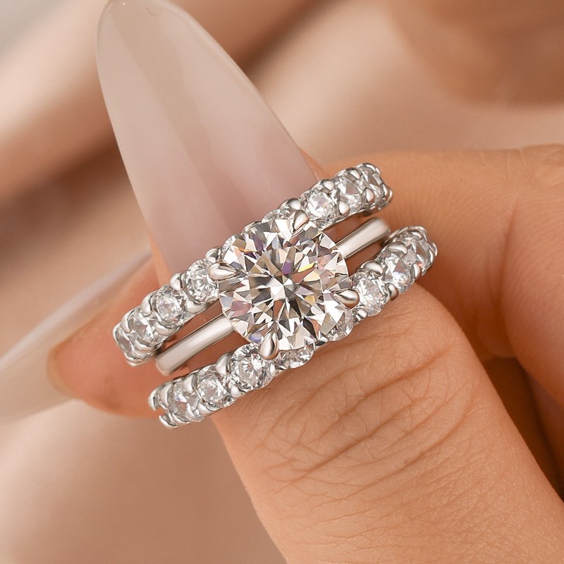 BS042PMSS-2-1764312721 S925 Moissanite 2.0Ct Round Cut Engagement Ring with Half Round Cut Wedding Band - Image 1