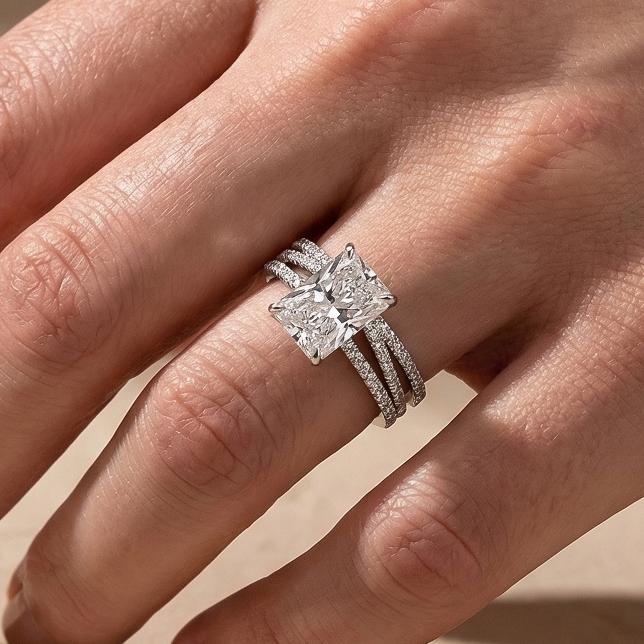 BS074PMSS-1 S925 3.5Ct Radiant Cut White Gold Moissanite Diamond Wedding Ring with Criss Cross Band - Image 1