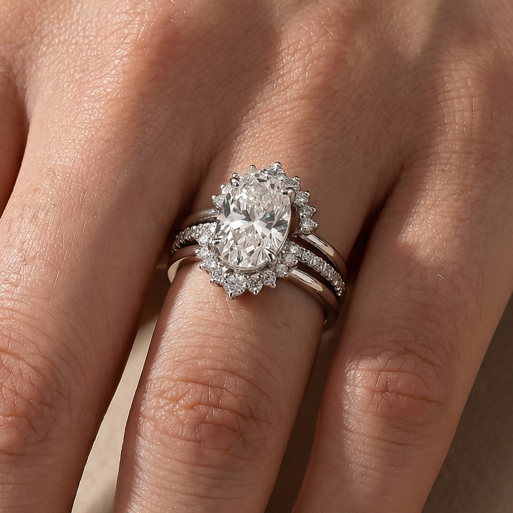BS085PMSS-1 S925 Moissanite 4.0Ct Oval Cut White Gold Wedding Ring Set - Image 1