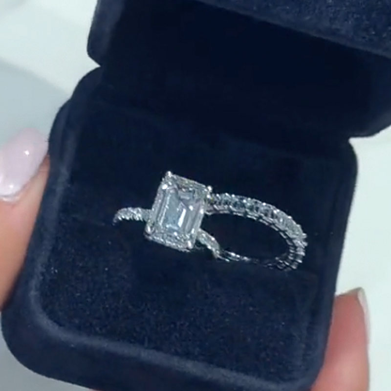 BS1033-3 S925 Maxine Luxurious Emerald Cut Wedding Ring Set In Sterling Silver - Image 1