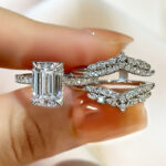 S925 Maxine Vintage Emerald Cut Insert Wedding Ring Set For Women In Sterling Silver