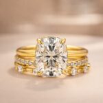 S925 Moissanite 4.0Ct Cushion Cut Solitaire Yellow Gold 3PC Wedding Ring Set - Image 4