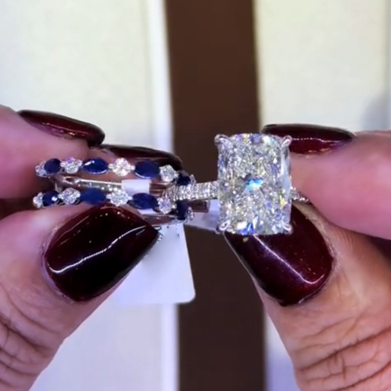 BS1366PS-1-1752631819 S925 6.5Ct Cushion Cut Insert Wedding Ring Set With Unique White & Blue/Red Stone Engagement Ring Enhancer - Image 1