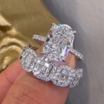 S925 Vintage 5.5Ct Cushion Cut Wedding Ring Set With Halo Emerald Cut Half Wedding Band