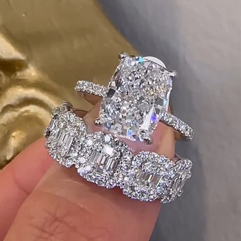 BS1524PS-1-1756262122 S925 Vintage 5.5Ct Cushion Cut Wedding Ring Set With Halo Emerald Cut Half Wedding Band - Image 1