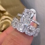 S925 Vintage 5.5Ct Cushion Cut Wedding Ring Set With Halo Emerald Cut Half Wedding Band - Image 2