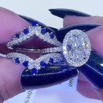 S925 Enhancer Wedding Set 4.0Ct Halo Oval Cut Engagement Ring with Blue & White Stone Wedding Band