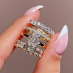 S925 4PC Wedding Ring Set Radiant Cut Simulated Diamond Engagement Ring With Classic Wedding Band