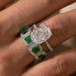 S925 Vintage 5.5Ct Cushion Cut Wedding Ring Set With Halo Emerald Cut Half Wedding Band