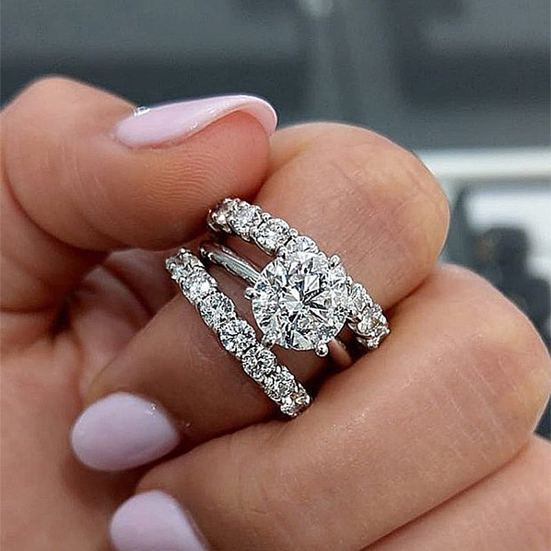 BS184S S925 Classic Round Cut 3-Pieces Wedding Set In Sterling Silver - Image 1