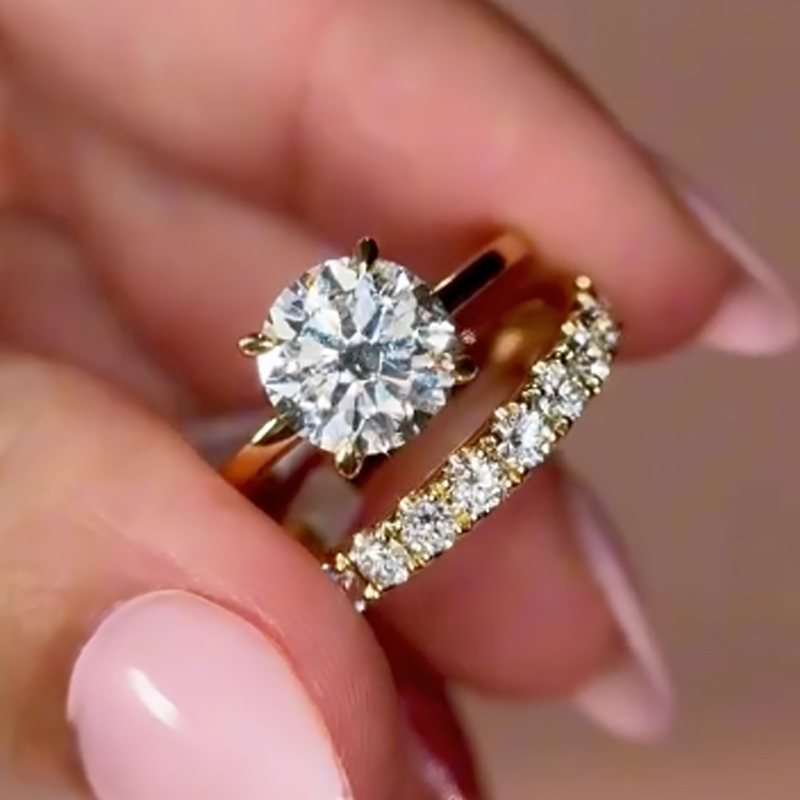 BS1994YS-1-ES2J8e S925 2PC 2.0Ct Solitaire Round Cut Yellow Gold Wedding Ring Set - Image 1