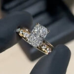S925 2PC 3.0Ct Cushion Cut Yellow Gold Engagement Ring Set with Marquise & Round Cut Band