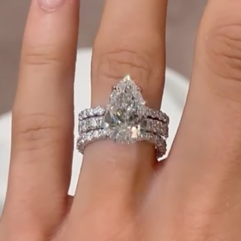 BS2063PS-3-WN8ewC-1 S925 Elegant 5.0Ct Pear Cut Engagement Ring in Sterling Silver with Open Wedding Band - Image 1