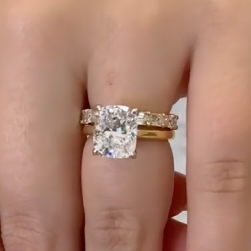 BS2067YS-1-B8EXFF S925 4.0Ct Cushion Cut Engagement Ring in Sterling Silver with Elegant Full Emerald Cut Wedding Band - Image 1